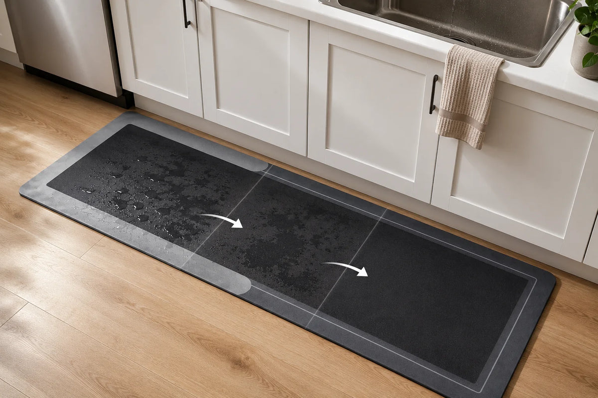 Water absorption demonstration on the Magic Kitchen Mat